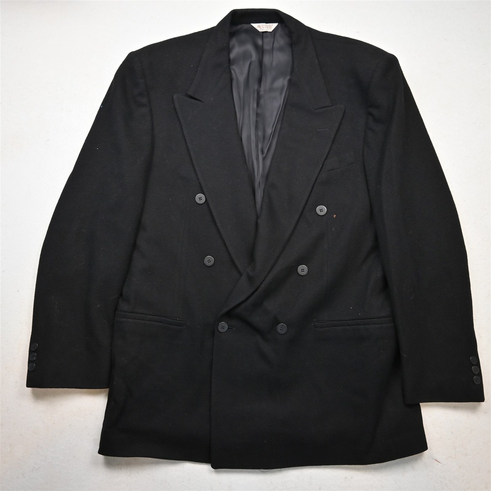 Vtg USA Made Double Breasted 44L Black 100% Wool Flannel Blazer Sport Coat
